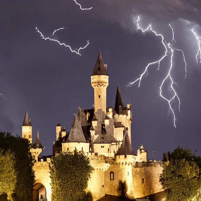 Prompt: hyper realistic photo, well maintained castle, far away - shot from the front gate courtyard with lightning in the background