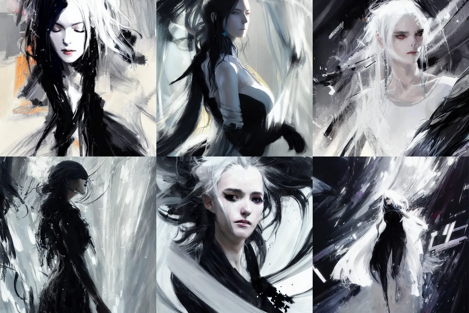 Prompt: Woman dressing black and long white hair by Wadim Kashin and Takahino Inoue