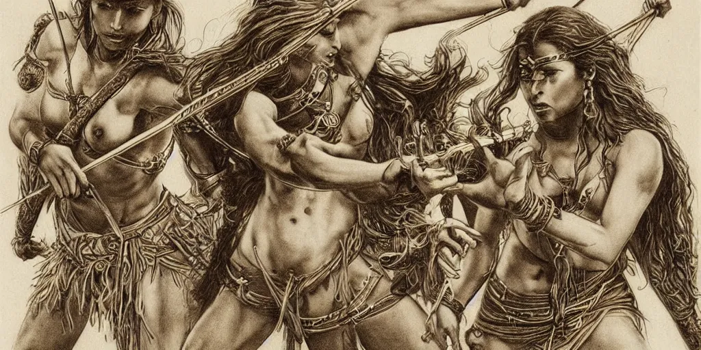 Image similar to powerful beautiful aztec and Amazonian warrior females fight, bow, flying arrows, spear, epic camera, vintage, Boris vallejo, sepia, apocalypto