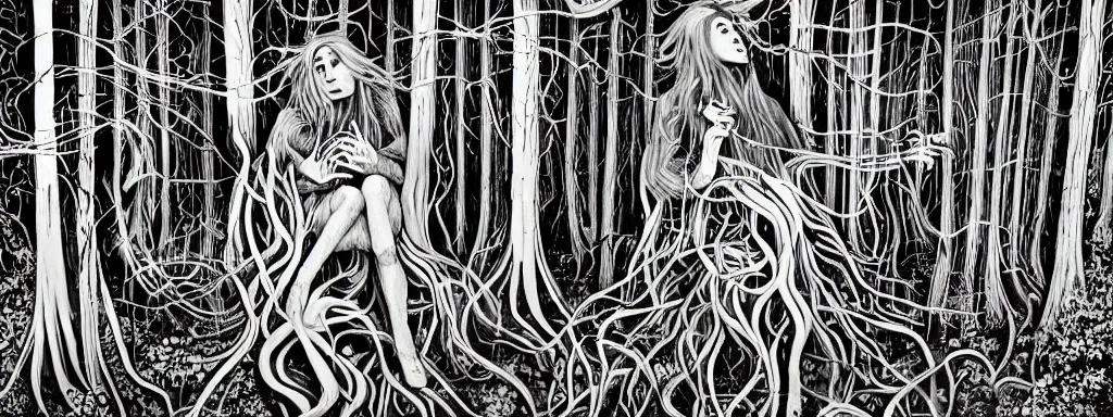 Image similar to a grunge technogaianist long-haired blonde digital musician playing modular synthesizer in the forest, technology and nature swirling in harmony, plugging vines into the synthesizer, trees swaying to the beat, postmodern surrealist concert poster, grainy poster art, hand drawn matte painting by Tara McPherson and Gary Houston, smooth, sharp focus, extremely detailed, 50mm.