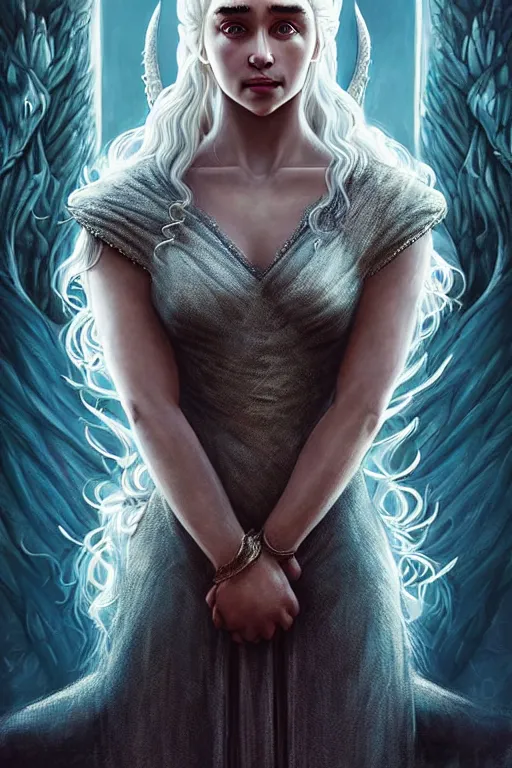 Prompt: beautiful, ethereal daenerys targaryen ( khaleesi ) portrait, intricate art deco dragon designs, elegant, highly detailed burning background, sharp focus, game of thrones art by artgerm and beeple and greg rutkowski and wlop