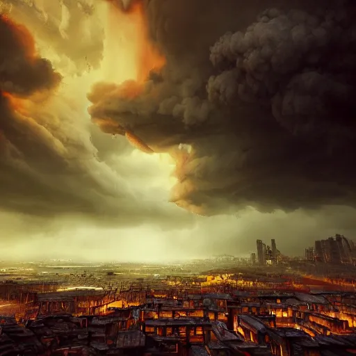 Image similar to an ancient city on fire, firestorm, a black void in the sky, stormy clouds, wide perspective, low perspective, burning village, highly detailed digital art, cinematic, dark moody colors, hyper realism, oil on canvas, trending on Artstation, octane render