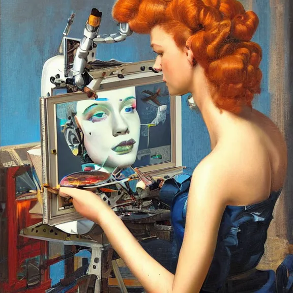 Image similar to robot artist painting a self - portrait on a canvas. intricate, highly detailed, photorealistic, film still, by alexandros pyromallis, gil elvgren, sachin teng.