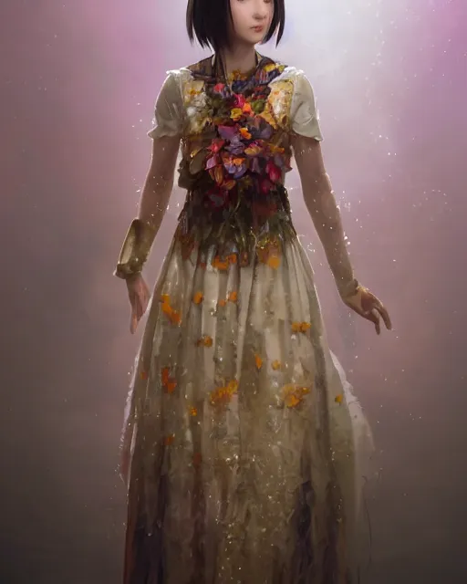 Prompt: studio photo portrait of Lain Iwakura from Serial Experiments Lain wearing floral garlands over her traditional dress. full height portrait of Lain as a slavic pagan priestess wearing traditional pagan dress adorned with golden tiara, concept art by Greg Rutkowski and James Dean and Ross Tran, ultrarealistic octane render, 8k, rtx on, trending on ArtStation