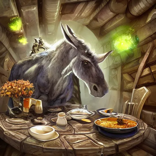 Image similar to zoom out, ultrarealistic, ultradetailed, war donkey eating breakfast, sitting on a futuristic table with aliens, at the end of the universe, very very very ultradetailed, epic fantasy style art, fantasy epic digital art, epic fantasy art, hearthstone style art, pathfinder, dungeons and dragons, floral, planets, stars, galaxies, highlights, organic, concept art