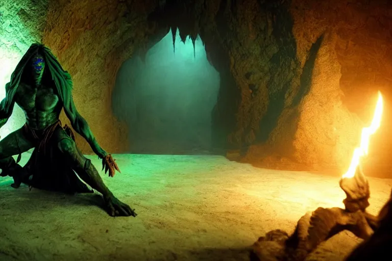 Image similar to vfx film, soul reaver, raziel irl, price of persia movie, missing jaw, hero pose, devouring magic souls, glowing green soul blade, in epic ancient sacred huge cave temple, flat color profile low - key lighting award winning photography arri alexa cinematography, hyper real photorealistic cinematic beautiful, atmospheric cool colorgrade