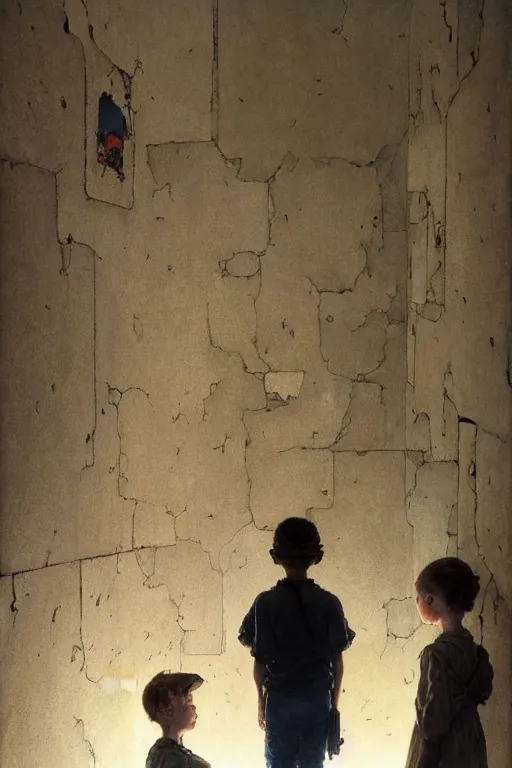 Image similar to a 1 2 year old boy and 3 year old girl looking at a wall full of ghosts, part by norman rockwell, part by greg rutkowski, part by mattias adolfsson, high angle, ( ( ( ( volumetric lighting ) ) ) ), oil on canvas