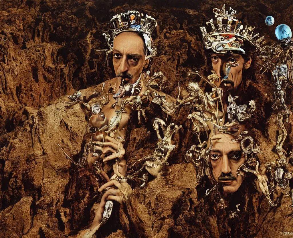 Image similar to portrait of salvador dali wearing a crown and costume with jewels in a dry rocky desert landscape, alien spaceship by giger, film still from the movie by alejandro jodorowsky with cinematogrophy of christopher doyle and art direction by hans giger, anamorphic lens, kodakchrome, very detailed photo, 8 k