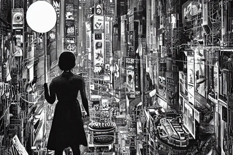 Image similar to an intricate, awe inspiring cyberpunk illustration of a girl with balloon, Times Square, by Ansel Adams ((black and white))