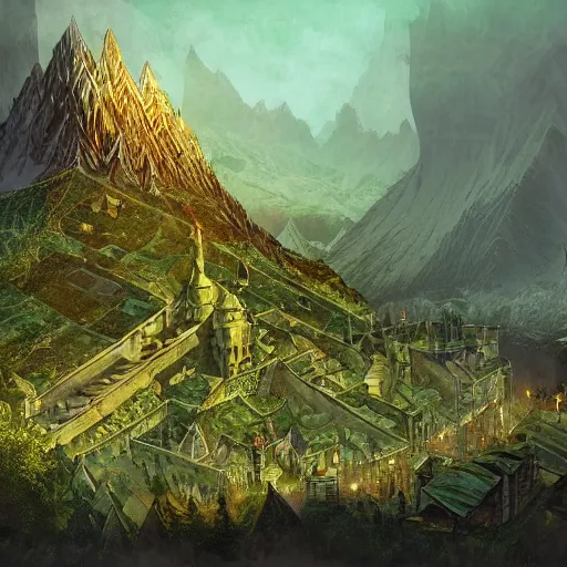 Image similar to green dwarven city carved into Erebor the Lonely Mountain from the Hobbit, by Marc Simonetti