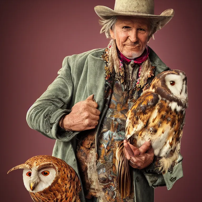 Image similar to high fashion photoshoot octane render portrait by wayne barlow and carlo crivelli and glenn fabry, a distinguished old cowboy wearing a colorful wes anderson designed cowboy costume and holding a barn owl inside a high - end exotic colorful pastel vintage boutique hotel lounge, very short depth of field, bokeh