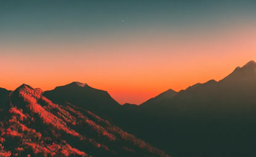 Image similar to beautiful mountain landscape, vaporwave, sunset, professional photography