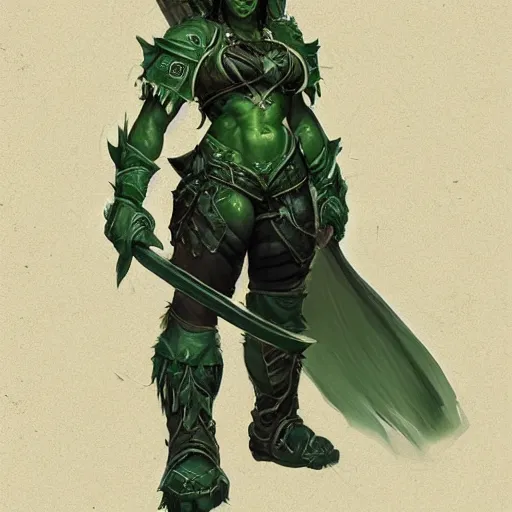 Image similar to a full body character portrait of a green orc warrior woman in full plate armor bald with a ponytail, world of warcraft, by greg rutkowski, wlop, astri lohne, wei wang, laurie greasley, victo ngai, trending on artstation