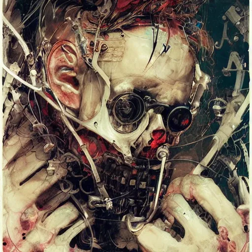 Image similar to in a dark room, a male cyberpunk hacker, skulls, wires cybernetic implants, machine noir steelpunk grimcore, in the style of adrian ghenie esao andrews jenny saville surrealism dark art by james jean takato yamamoto and by ashley wood