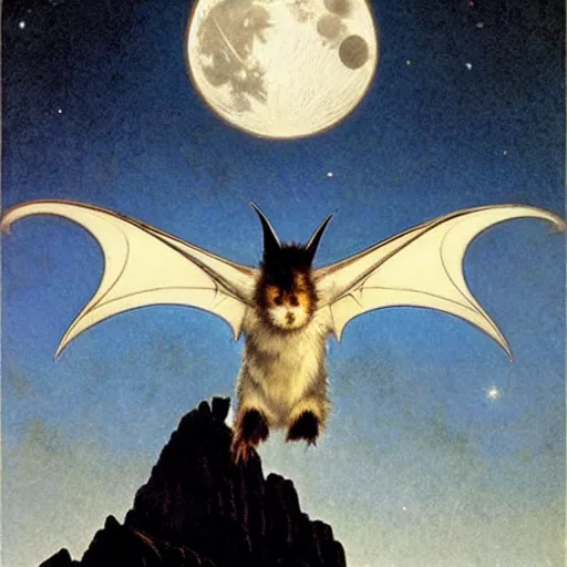 Image similar to hyper realistic white bat, flying against a dark black night sky, mountain in the background, moonlight, denoised, very detailed, painted by james gurney, alphonso mucha, norman rockwell, tom bagshaw