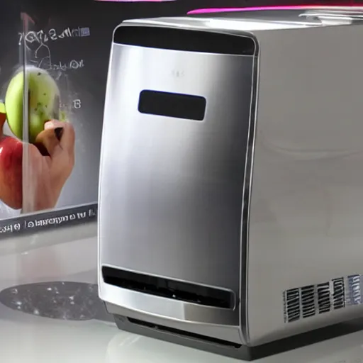 Image similar to A home nanotech appliance halfway through fabricating an apple