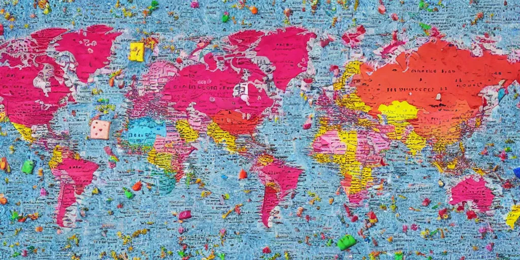 Prompt: a world map made out of candy pieces