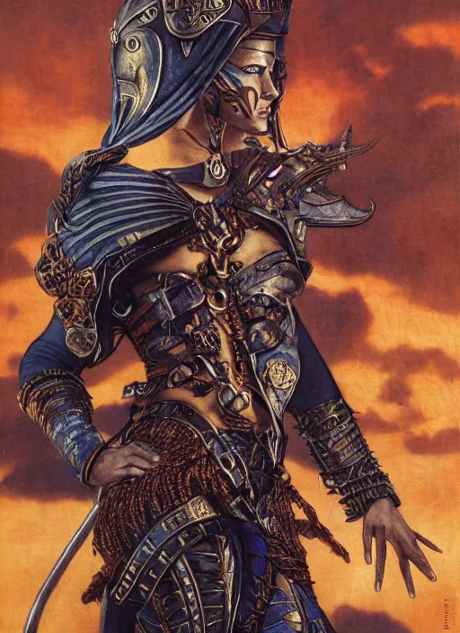 Image similar to dynamic! middle portrait of a biblical diabolical pirate female pharaoh, stylish leather armor, pirate ship! bright glowing eyes, in clouds, strong studio lights, thunder, storm, sunset, by gerald brom, by mikhail vrubel, by peter elson, muted colors, extreme detail, mirrors, trending on artstation, 8 k