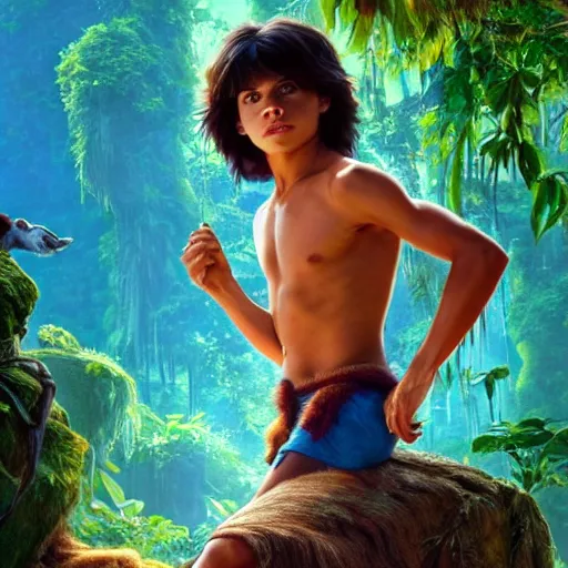 Prompt: skinny young jake t. austin as mowgli from the jungle book, dynamic lighting, path traced, atmospheric, highly detailed, high quality, beautiful painting, octane render, don bluth, ross tran, studio ghibli, alphonse mucha, jama jurabaev, extremely detailed, brush strokes, artstation, artgerm