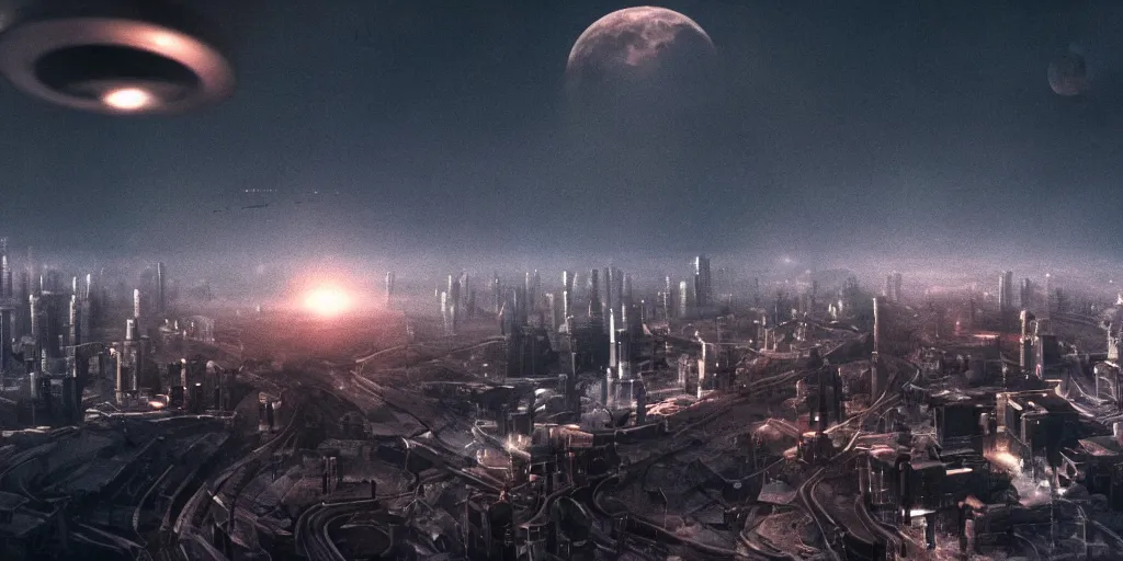 Image similar to cinematic shot of a city in the moon's hollow, russian orbit city cityscape, telephoto, iconic scene from the paranoid thriller sci fi film directed by stanley kubrick, anamorphic cinematography, beautiful composition, color theory, leading lines, photorealistic, moody volumetric lighting