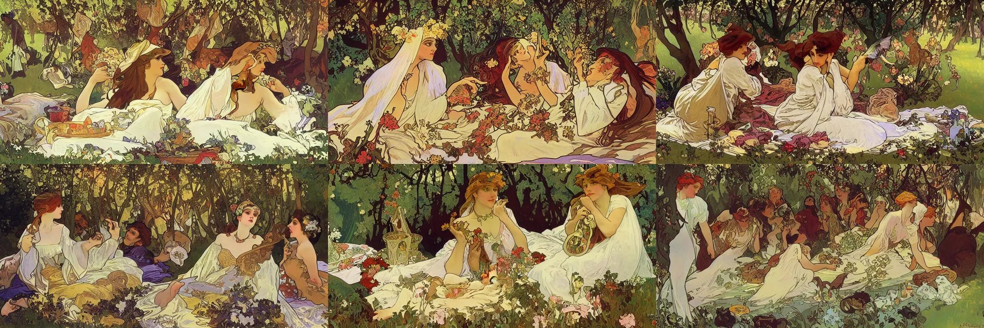 Prompt: The greatest picnic by alphonse mucha