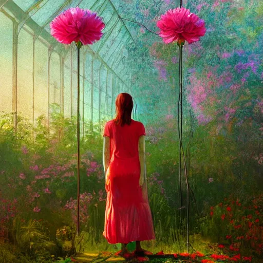 Image similar to giant carnation flower head, woman standing in greenhouse, surreal photography, dramatic light, impressionist painting, digital painting, artstation, simon stalenhag