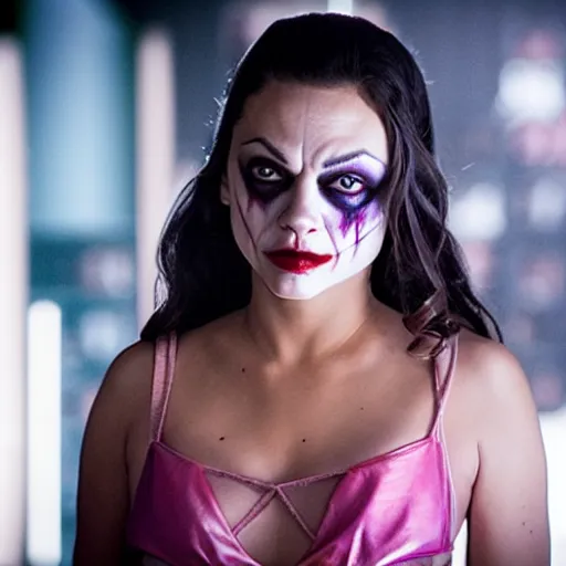 Image similar to stunning awe inspiring mila kunis as the joker, movie still 8 k hdr atmospheric lighting