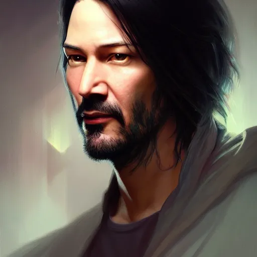 Image similar to Portrait of Keanu, D&D, face, fantasy, intricate, elegant, highly detailed, digital painting, artstation, concept art, smooth, sharp focus, illustration, art by artgerm and greg rutkowski and alphonse mucha