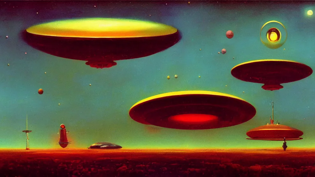 Image similar to flying saucer design by paul lehr and john schoenherr, cinematic matte painting