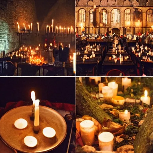Image similar to feast for hundreds of people. candles, warm ambient light, hogwarts, beautiful, stone walls, hot food, delicious, steaming food on plates, gluttony, digital art, epic. candlelight, firelight, happiness and joy, ghosts flying around, harry potter students, warmth