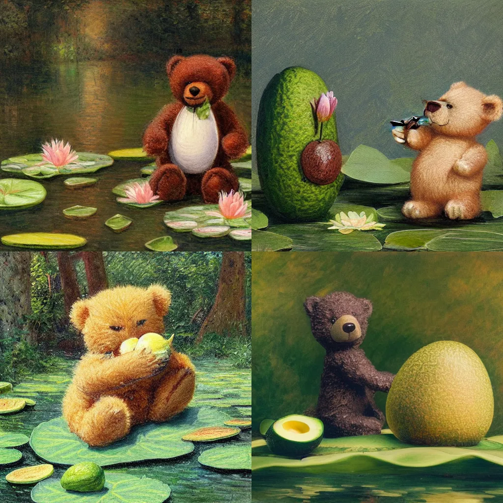 Prompt: photograph of a teddy bear eating a avocado sitting on a lily pad, impressionism, painting, 1800