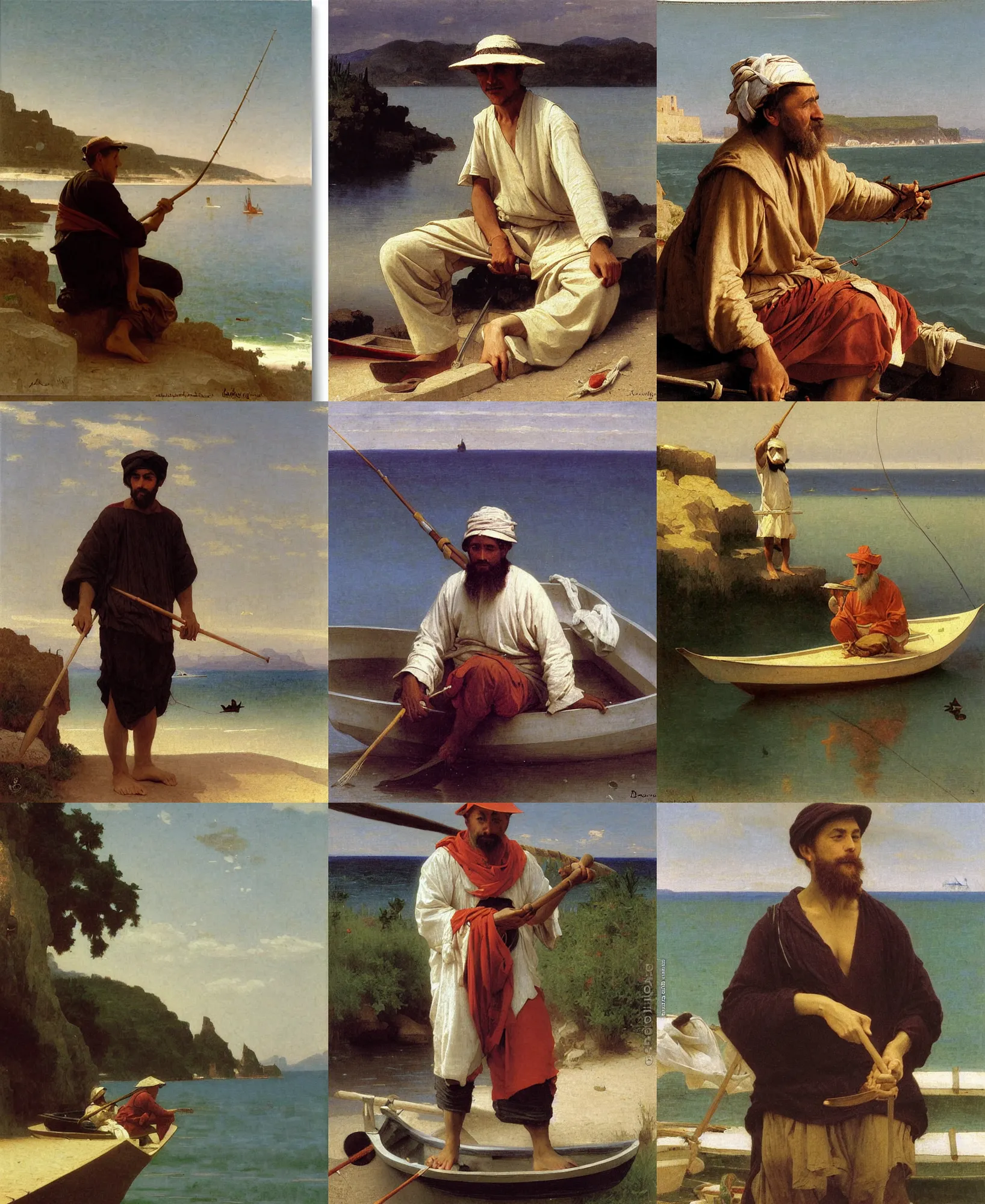 Prompt: painting of wise man as a fisherman on a small boat by the coast by bouguereau