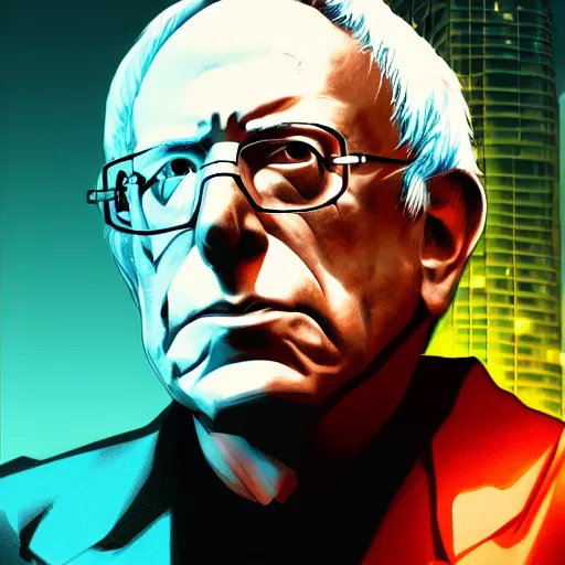 Image similar to cyberpunk bernie sanders as the leader of a futuristic communist nation, cybernetics, sharp lines, digital, artstation, colored in