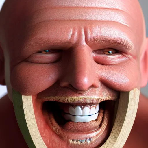 Prompt: a photo from a balded man with teeth made of wood, wood teeth, close up, photorealistic