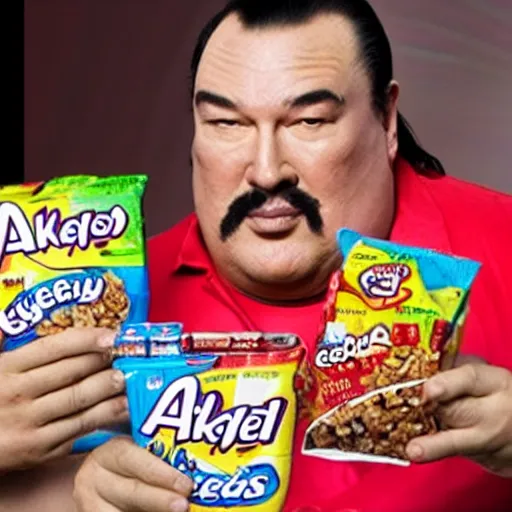 Image similar to obese steven seagal as sponsor of a sugary cereal called aikidos with cartoon rat mascot