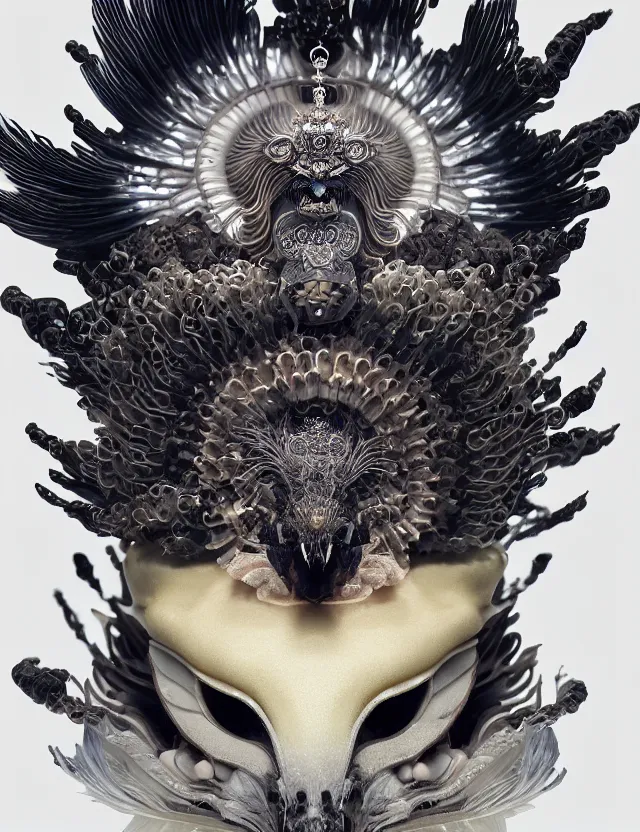 Image similar to goddess macro close - up portrait wigh crown made of ram skull. beautiful intricately detailed japanese crow kitsune mask and clasical japanese kimono. betta fish, jellyfish phoenix, bioluminiscent, plasma, ice, water, wind, creature, artwork by tooth wu and wlop and beeple and greg rutkowski