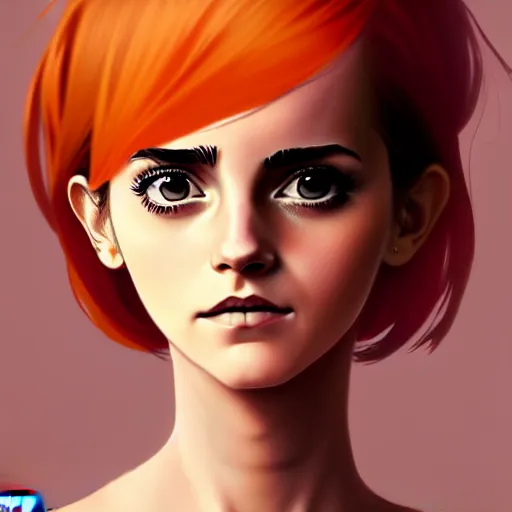 Prompt: beautiful anime girl, Emma Watson, orange glowing hair, sarcastic smiling, clear clean face, symmetrical face, blurry background, pose, trending on artstation, Alexandra Fomina artstation, face by Ilya Kushinov style, style by Loish, Norman Rockwell, painterly style, flat illustration, high contrast