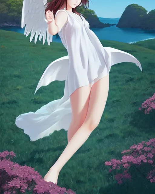 Image similar to infinitely detailed full - body portrait pale female peaceful dream angel wearing elegant clothes. beautiful! scenery art! by wlop & murata range, by ilya kuvshinov. artstation!! / pixiv!!