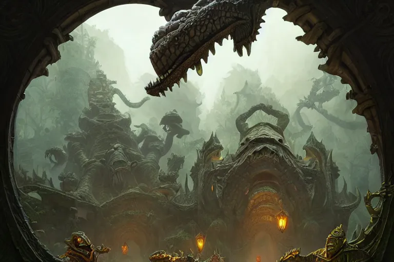 Prompt: path to the crocodile god lair, menacing statues of reptiles, deep focus, d & d, fantasy, intricate, elegant, highly detailed, digital painting, artstation, concept art, matte, sharp focus, illustration, hearthstone, art by artgerm and greg rutkowski and alphonse mucha