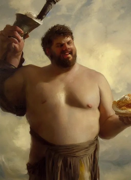 Prompt: beautiful oil painting portrait of hefty ethan van sciver as an ancient roman god holding up a steaming pie with one arm, art by anders zorn, wonderful masterpiece by greg rutkowski, expressive brush strokes, beautiful cinematic light, american romanticism by greg manchess, jessica rossier