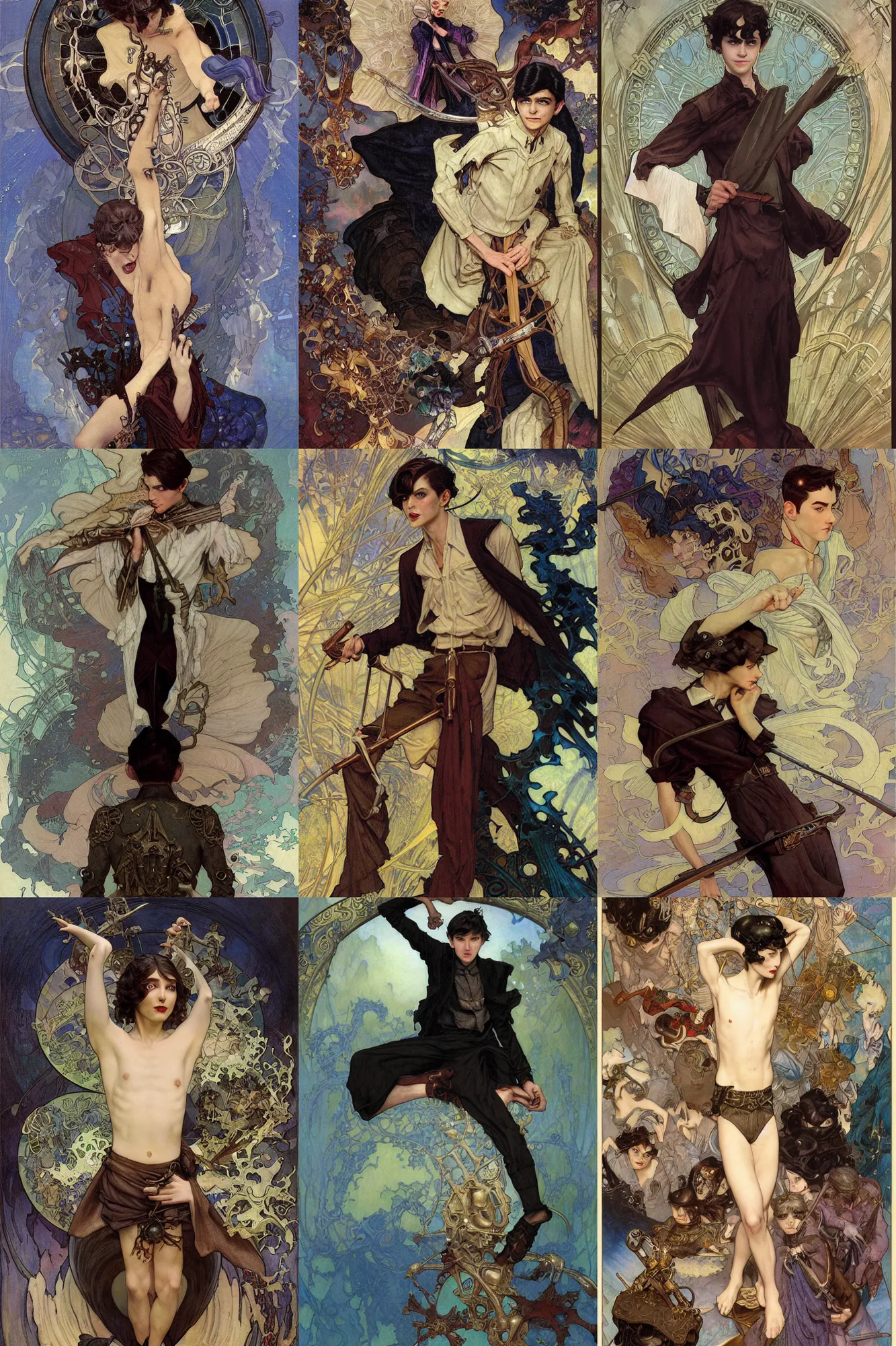 Prompt: thin teenage boy mage, dark hair, 1 9 2 0 s fashion, fantasy, art by joseph leyendecker, donato giancola, dean cornwell, peter mohrbacher, ruan jia, marc simonetti, ayami kojima, cedric peyravernay, alphonse mucha, thomas kinkade, victo ngai