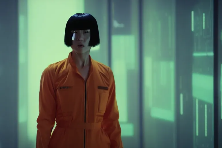 Image similar to major motoko wearing an orange prison jumpsuit, large hologram of a screaming face dominates the background, photography by fred palacio medium full shot still from bladerunner 2 0 4 9, sci fi, bladerunner, canon eos r 3, f / 3, iso 2 0 0, 1 / 1 6 0 s, 8 k, raw, unedited