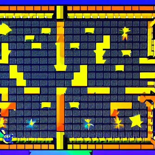 Image similar to a screenshot from the game Pac-Man, first-person view