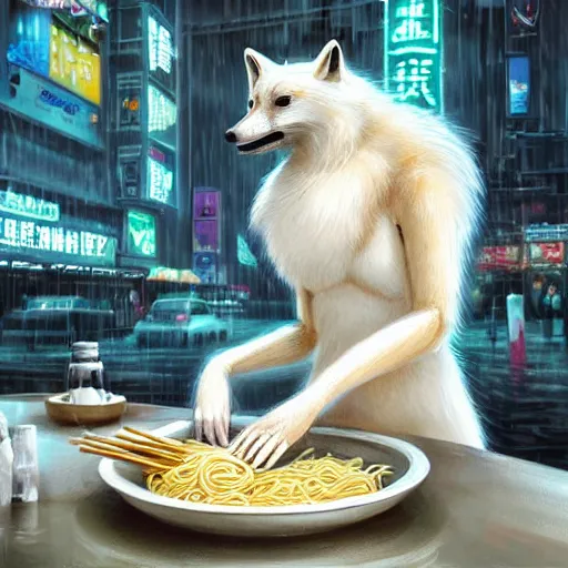 Prompt: white furred anthropomorphic female vulpes vulpes fulva, eating noodles, in the rain by a noodle kiosk, in crowded and wet street of a city, cyberpunk, harsh neon lights, highly detailed, digital painting, trending on artstation, concept art, sharp focus, illustration, art by artgerm and greg rutkowski and magali villeneuve