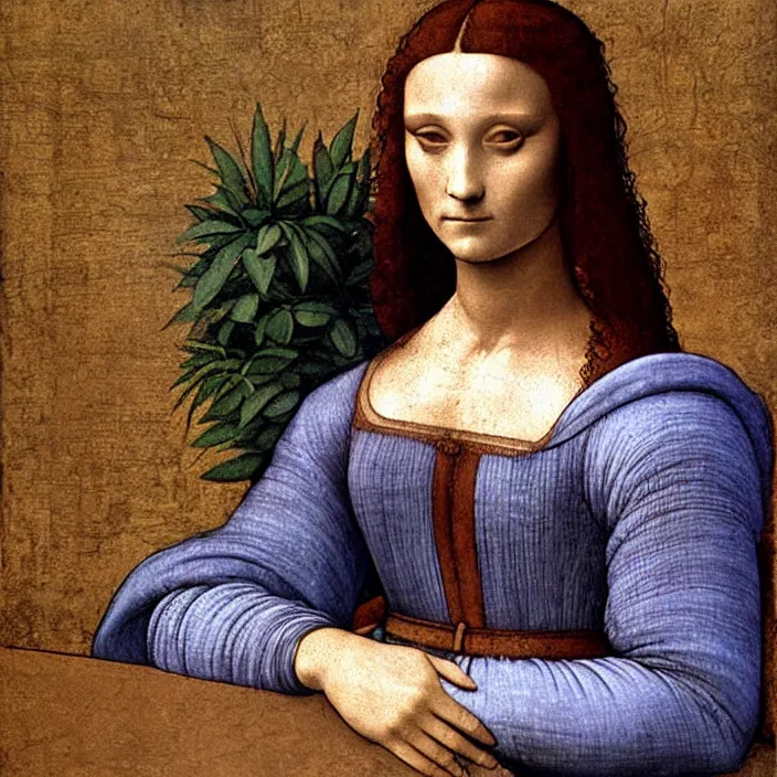 Image similar to a portrait of a woman painted by leonardo da vinci. the woman in the painting is shown seated with her hands folded in her lap. she is wearing a simple dress with a pattern of flowers. her hair is pulled back from her face and she has a small, faint smile. the background of the painting is a landscape of rolling hills and mountains.