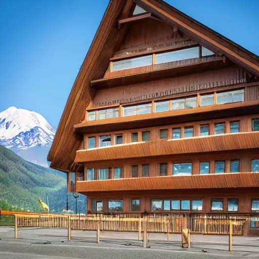 Image similar to architecture photo modern fachwerk wooden school with Elbrus mountain on the background, architecture, photorealism 8k , shining and happy atmosphere, uplight, high details