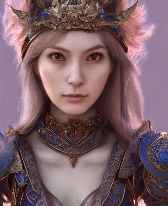 Image similar to a beautiful and highly detailed digital portrait of a dignified elf with long blue windswept hair in a rose gold breastplate by artgerm, and lu ji, centered, artsation contest winner, cgsociety, fantasy art, cryengine, concept art, photorealism, daz 3 d, sketchfab, zbrush, vray