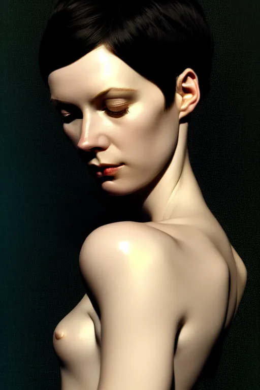 Image similar to Portrait of a beautiful pale skin Nordic female with short black hair, elegant, photorealistic, highly detailed, artstation, smooth, sharp focus, gold ornaments, neon lighting, sci-fi, art by Klimt.