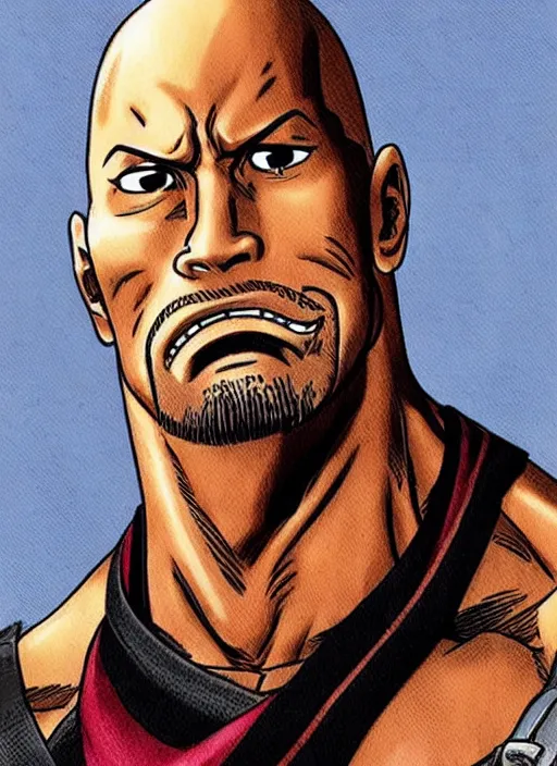 Image similar to dwayne johnson as origin character in one piece manga, sketch by eiichiro oda, amazing likeness. very detailed.