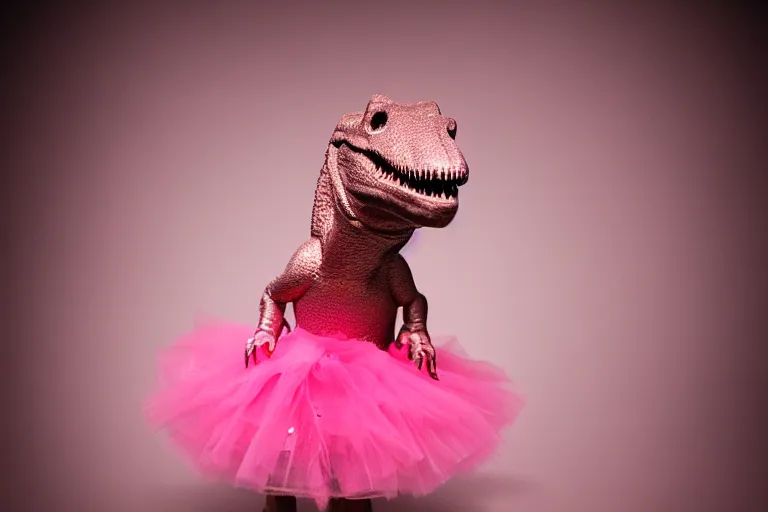 Image similar to dinosaur in a pink tutu, studio lighting, highly detailed, striking, inspiring